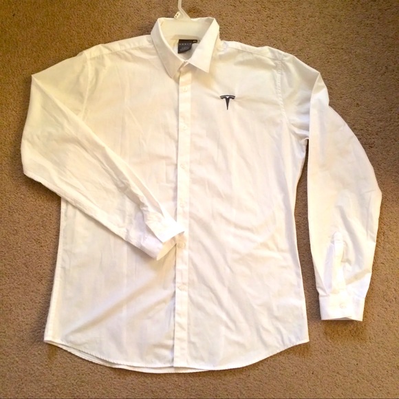 TESLA - Men's Size XL White Button Up Long Sleeve Collared Dress Shirt Logo - Picture 1 of 10